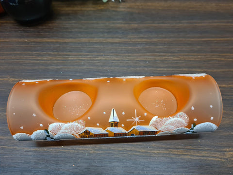 Orange Glass Double Candle Holder - Brown Cabins Yule Log Style