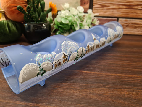Light Blue Glass Quad Candle Holder - White Cabins Yule Log Style