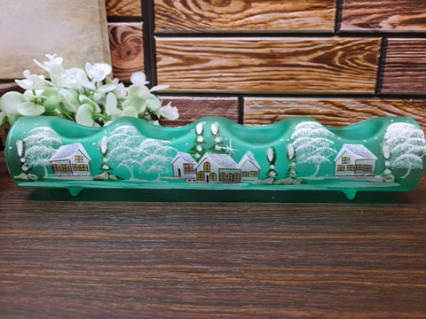 Green Glass Quad Candle Holder - White Cabins Yule Log Style