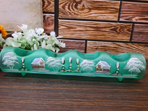 Green Glass Quad Candle Holder - White Cabins Yule Log Style