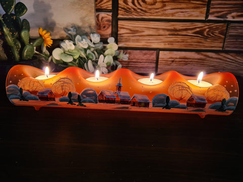 Orange Glass Quad Candle Holder - Brown Church Yule Log Style