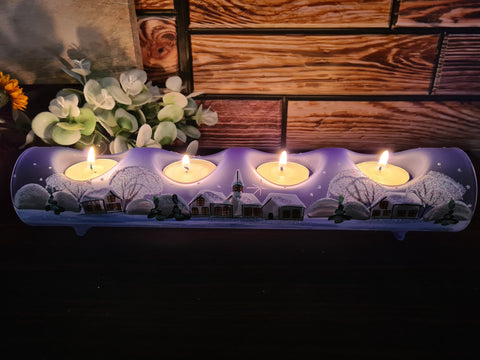 Light Blue Glass Quad Candle Holder - White Cabins Yule Log Style
