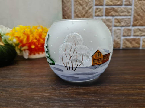 Frosted And Light Blue Glass Candle Holder - Snowman In Winter