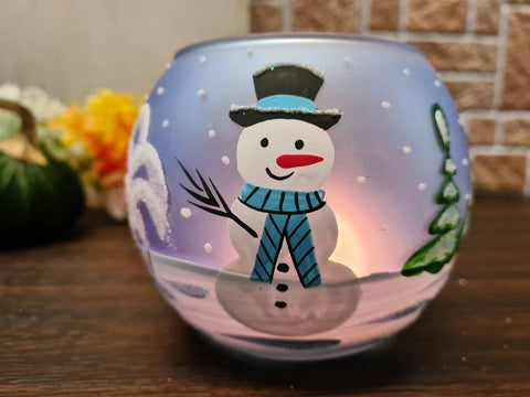 Frosted And Light Blue Glass Candle Holder  - Snowman In Winter