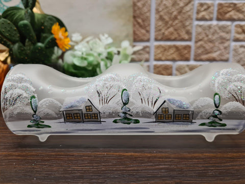 Frosted Glass Double Candle Holder  - White Church Yule Log Style