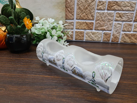 Frosted Glass Double Candle Holder  - White Church Yule Log Style