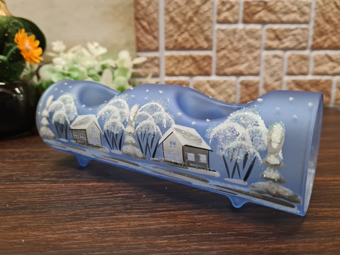 Light Blue Glass Double Candle Holder - White Church Yule Log Style