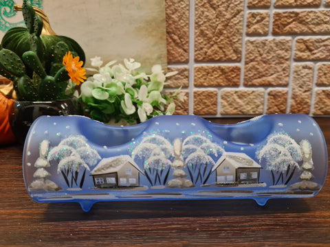 Light Blue Glass Double Candle Holder - White Church Yule Log Style