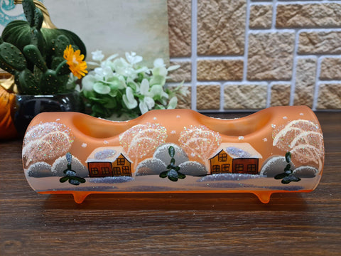 Orange Glass Double Candle Holder - Brown Cabins Yule Log Style