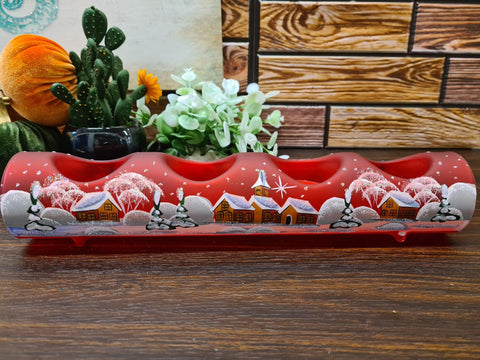 Red Glass Quad Candle Holder - Brown Church Yule Log Style
