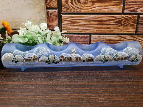 Light Blue Glass Quad Candle Holder - White Cabins Yule Log Style