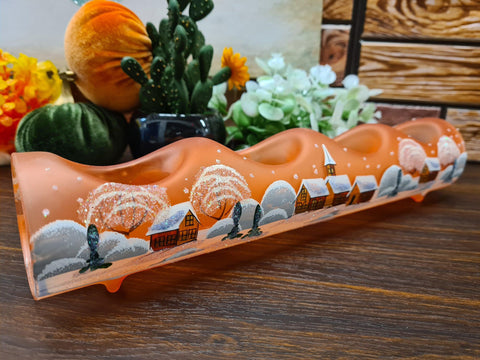 Orange Glass Quad Candle Holder - Brown Church Yule Log Style