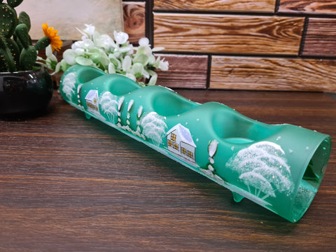 Green Glass Quad Candle Holder - White Cabins Yule Log Style