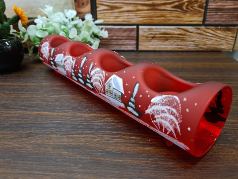 Red Glass Quad Candle Holder - White Cabins Yule Log Style