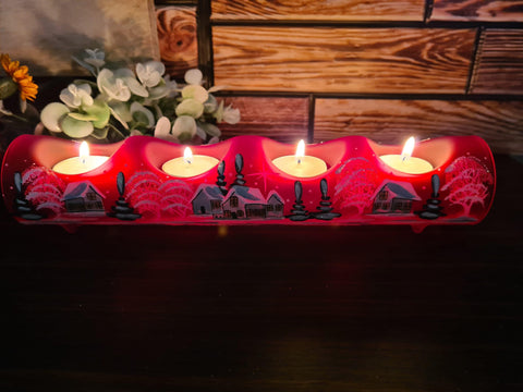 Red Glass Quad Candle Holder - White Cabins Yule Log Style