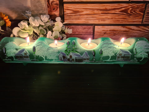 Green Glass Quad Candle Holder - White Cabins Yule Log Style