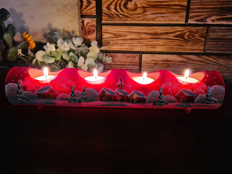 Red Glass Quad Candle Holder - Brown Church Yule Log Style