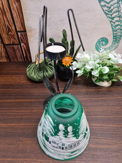 Green Glass Lamp Candle Holder - White Cabins