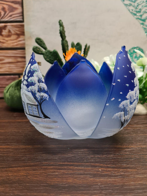 Blue Glass Lotus Blossom Candle Holder, Hand Crafted in Ukraine, White Cabin Winter Wonderland, Wonderful Year Round