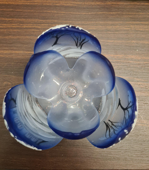 Blue Glass Lotus Blossom Candle Holder, Hand Crafted in Ukraine, White Cabin Winter Wonderland, Wonderful Year Round
