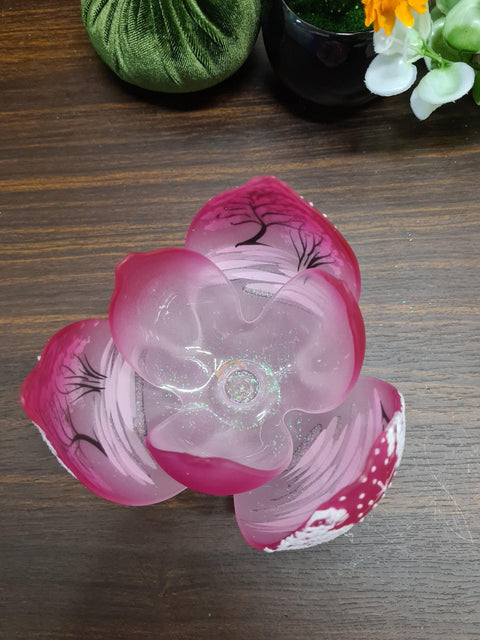 Pink Glass Lotus Blossom Candle Holder, Hand Crafted in Ukraine, White Cabin Winter Wonderland, Wonderful Year Round