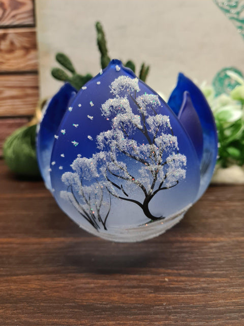 Blue Glass Lotus Blossom Candle Holder, Hand Crafted in Ukraine, White Cabin Winter Wonderland, Wonderful Year Round