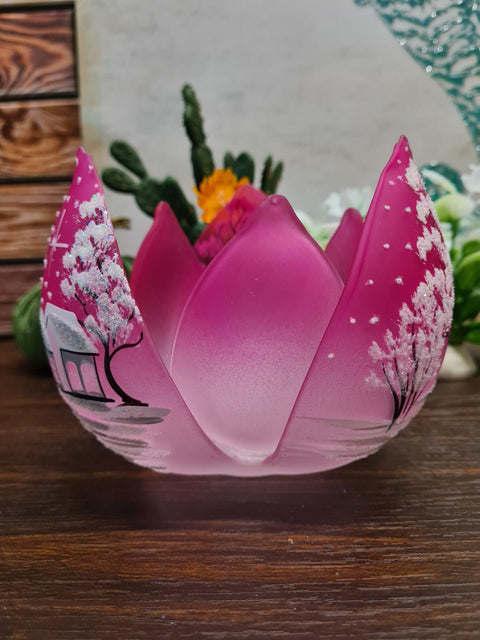 Pink Glass Lotus Blossom Candle Holder, Hand Crafted in Ukraine, White Cabin Winter Wonderland, Wonderful Year Round