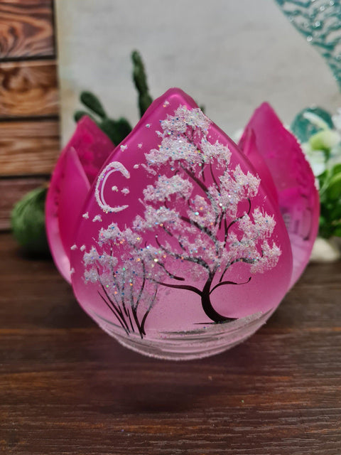 Pink Glass Lotus Blossom Candle Holder, Hand Crafted in Ukraine, White Cabin Winter Wonderland, Wonderful Year Round