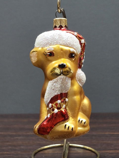 Hand Decorated Glass Keepsake Ornament - Charming Dog w Stocking Design