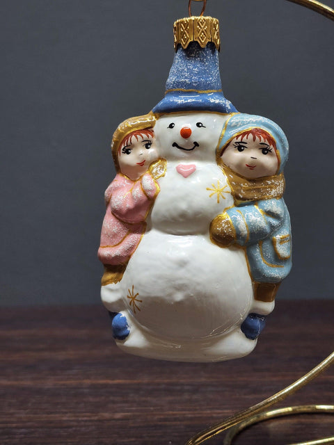 Hand Decorated Glass Keepsake Ornament - Charming Snowman & Kids