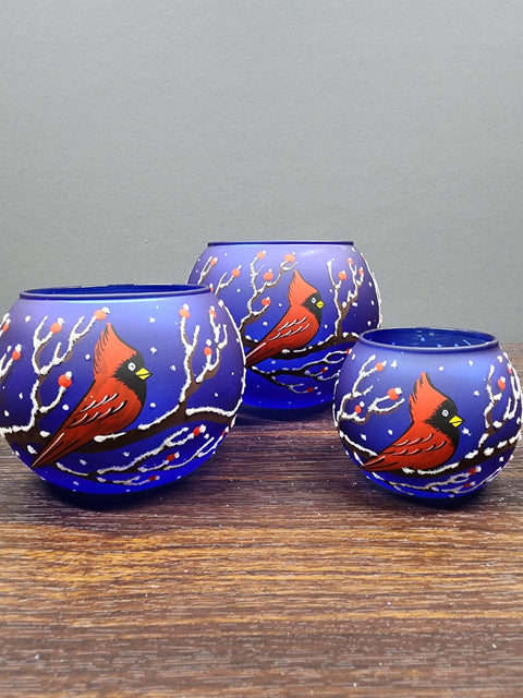 Blue Glass Multiple Sizes Candle Holder - Red Cardinal- Multiple Sizes
