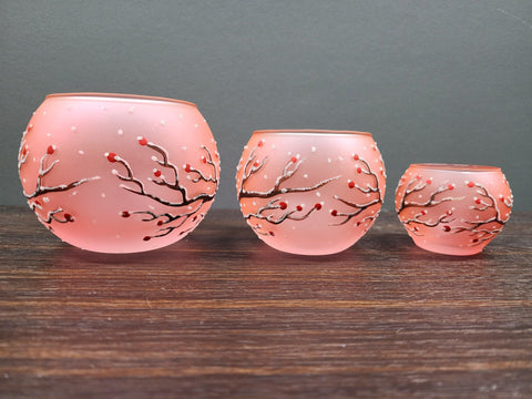 Salmon Pink Glass Candle Holder  -  Red Cardinal - Multiple Sizes