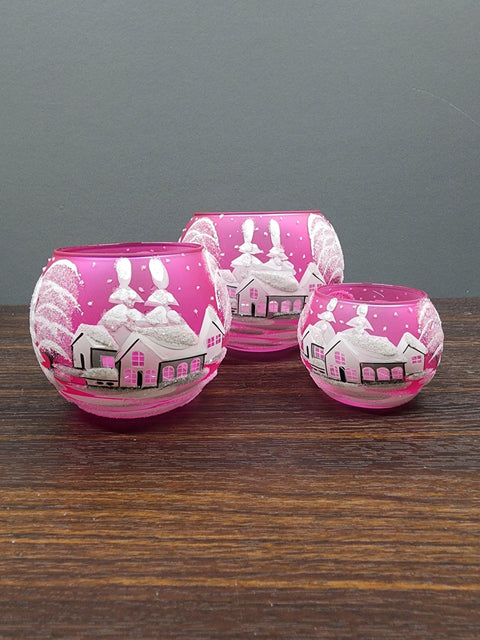 Pink Glass Candle Holder - White Cabins- Multiple Sizes