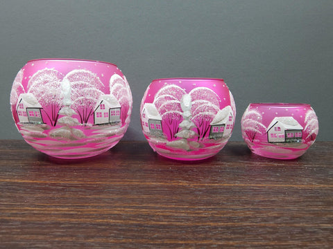 Pink Glass Candle Holder - White Cabins- Multiple Sizes