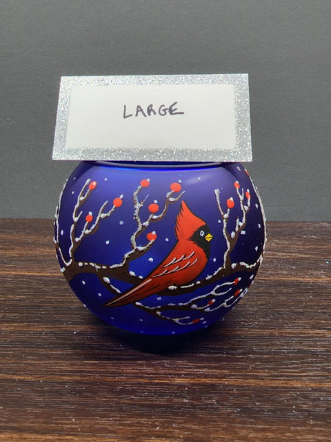 Blue Glass Multiple Sizes Candle Holder - Red Cardinal- Multiple Sizes