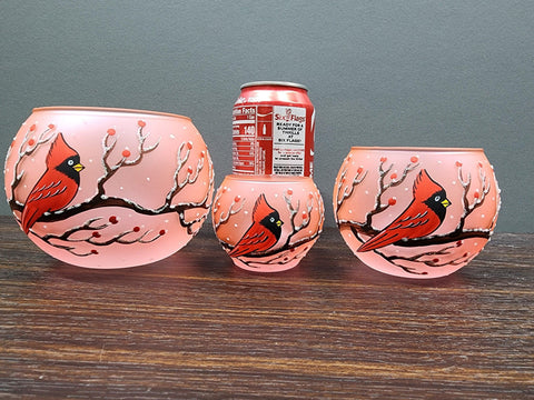 Salmon Pink Glass Candle Holder  -  Red Cardinal - Multiple Sizes