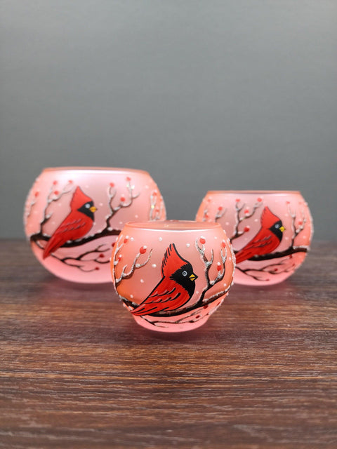 Salmon Pink Glass Candle Holder - Red Cardinal - Multiple Sizes