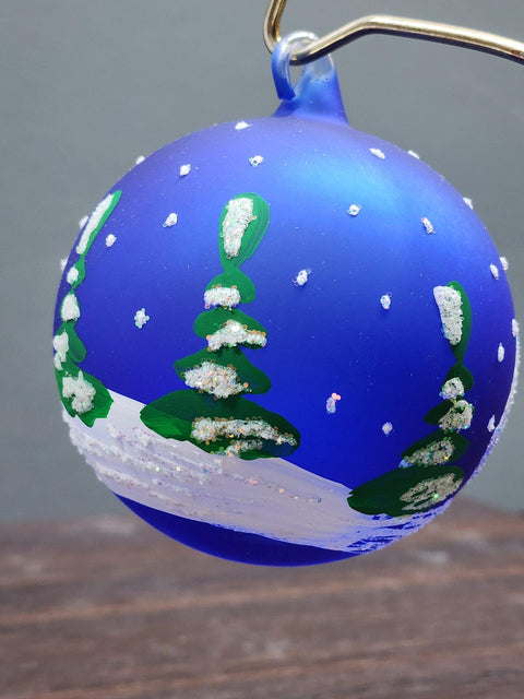 Blue Blown Glass Ornament - Handcrafted -  Snowman w Sleigh Design