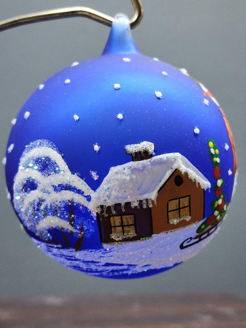 Blue Blown Glass Ornament - Handcrafted -  Snowman w Sleigh Design