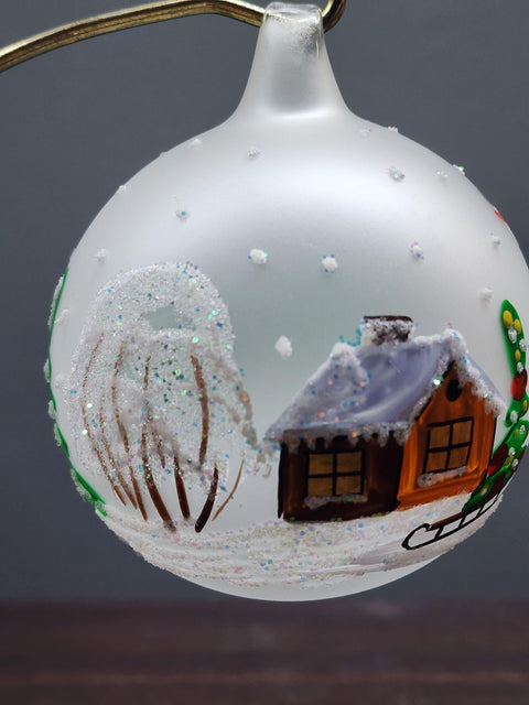 Frosted Blown Glass Ornament - Handcrafted -  Snowman w Sleigh Design