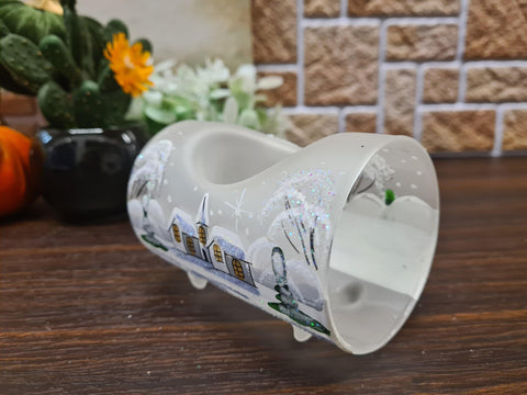 Frosted Glass Single Candle Holder - White Church Yule Log Style