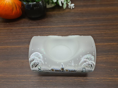 Frosted Glass Single Candle Holder - White Church Yule Log Style