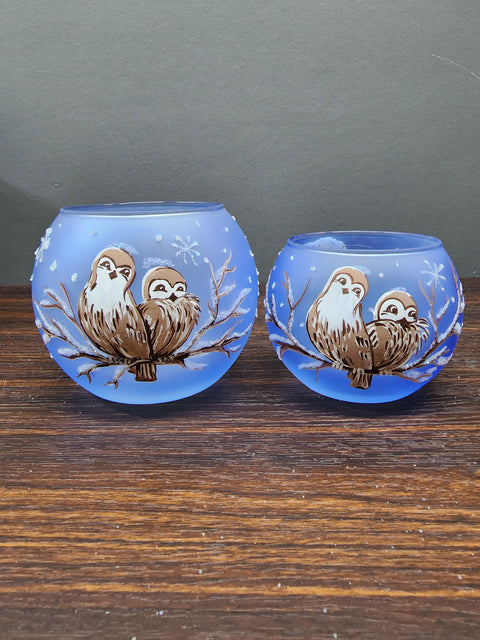 Large Light Blue Glass Candle Holder, Hand Crafted in Ukraine, Love Owls Design, Wonderful Year Round