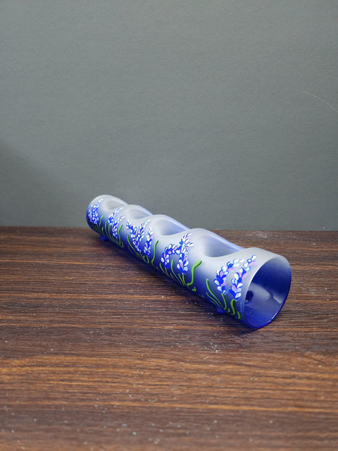 Blue Glass Quad Candle  Holder - Lavender Flower  Yule Log Style