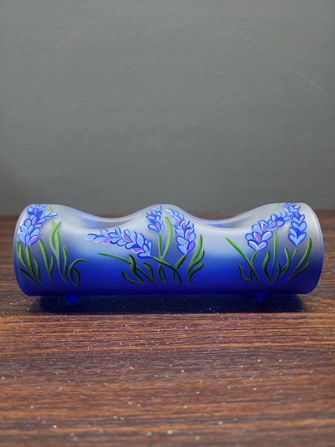 Blue Glass  Double Candle Holder  - Lavender Flower Yule Log Style