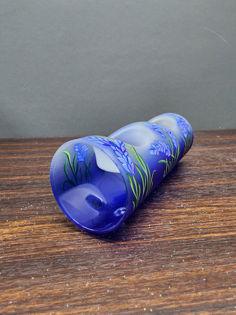 Blue Glass Double Candle Holder - Lavender Flower Yule Log Style