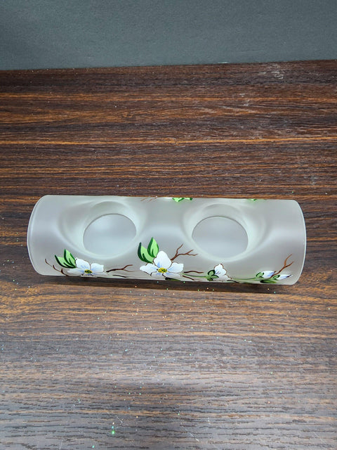 Frosted Glass Double Candle Holder - Dogwood Flower  Yule Log