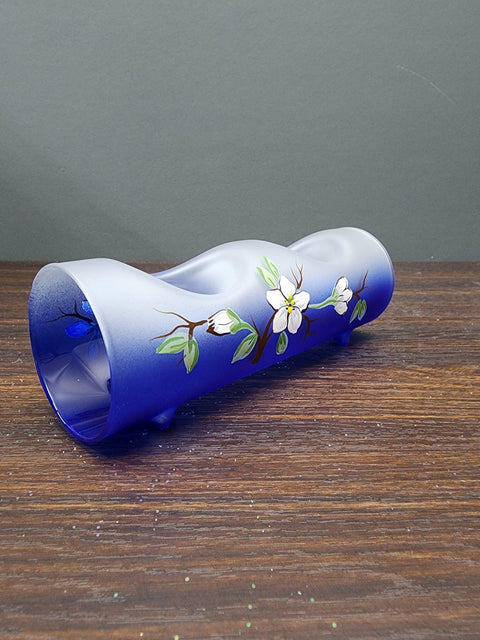 Blue Glass Double Candle Holder - Dogwood Flower Yule Log Style