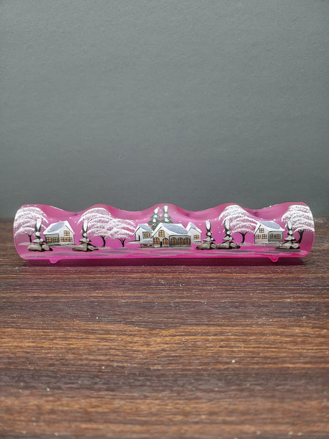 Pink Glass Quad Candle Holder, Hand Crafted in Ukraine, White Cabin Winter Wonderland, Wonderful Year Round