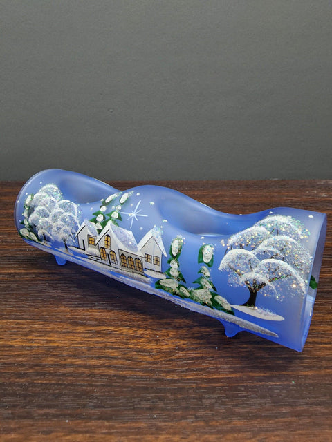 Light Blue Glass Double Candle Holder  - White Cabins  Yule Log Style